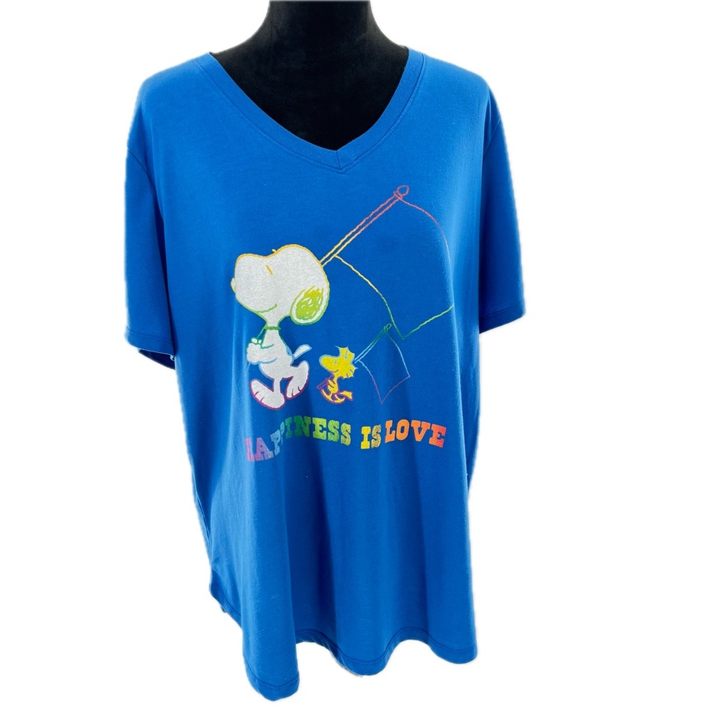 PEANUTS Snoopy & Woodstock Happiness Is Love V-Neck Royal Blue T-Shirt Size 1X